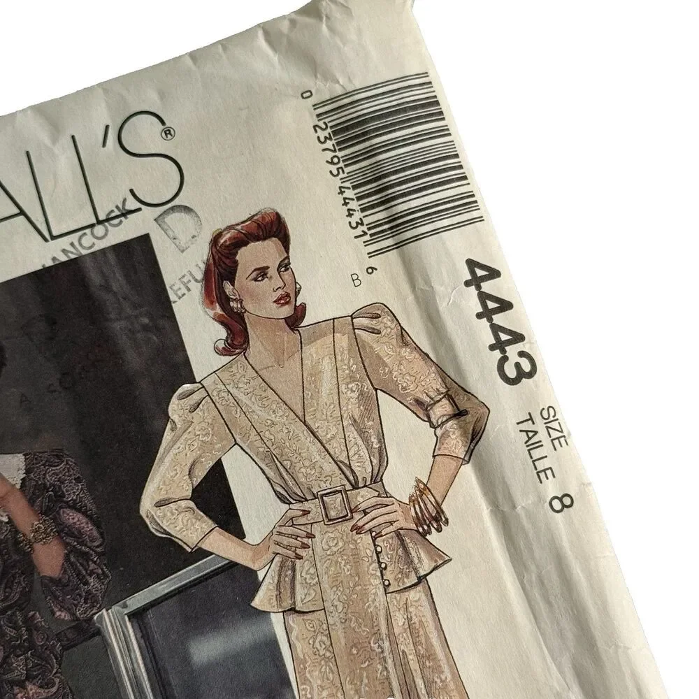 Vintage 80s McCalls 4443 Sewing Pattern Misses Dress Liz Roberts Peplum Sz 8 UC